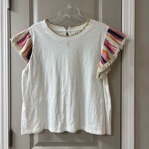 THML White Top with Multicolor Striped Ruffle Sleeves